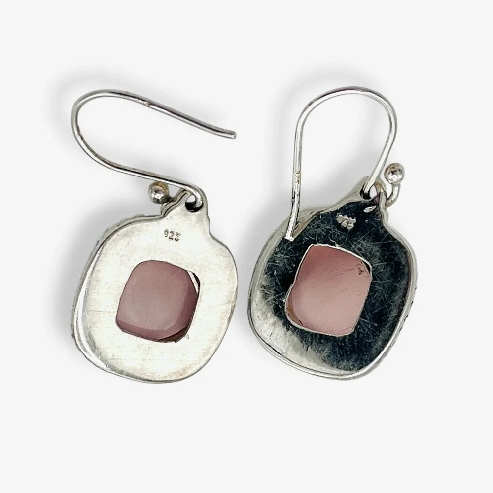Ross Simons Rose Quartz Dangle Earring 925 Sterling‎ Silver Square Rope Faceted